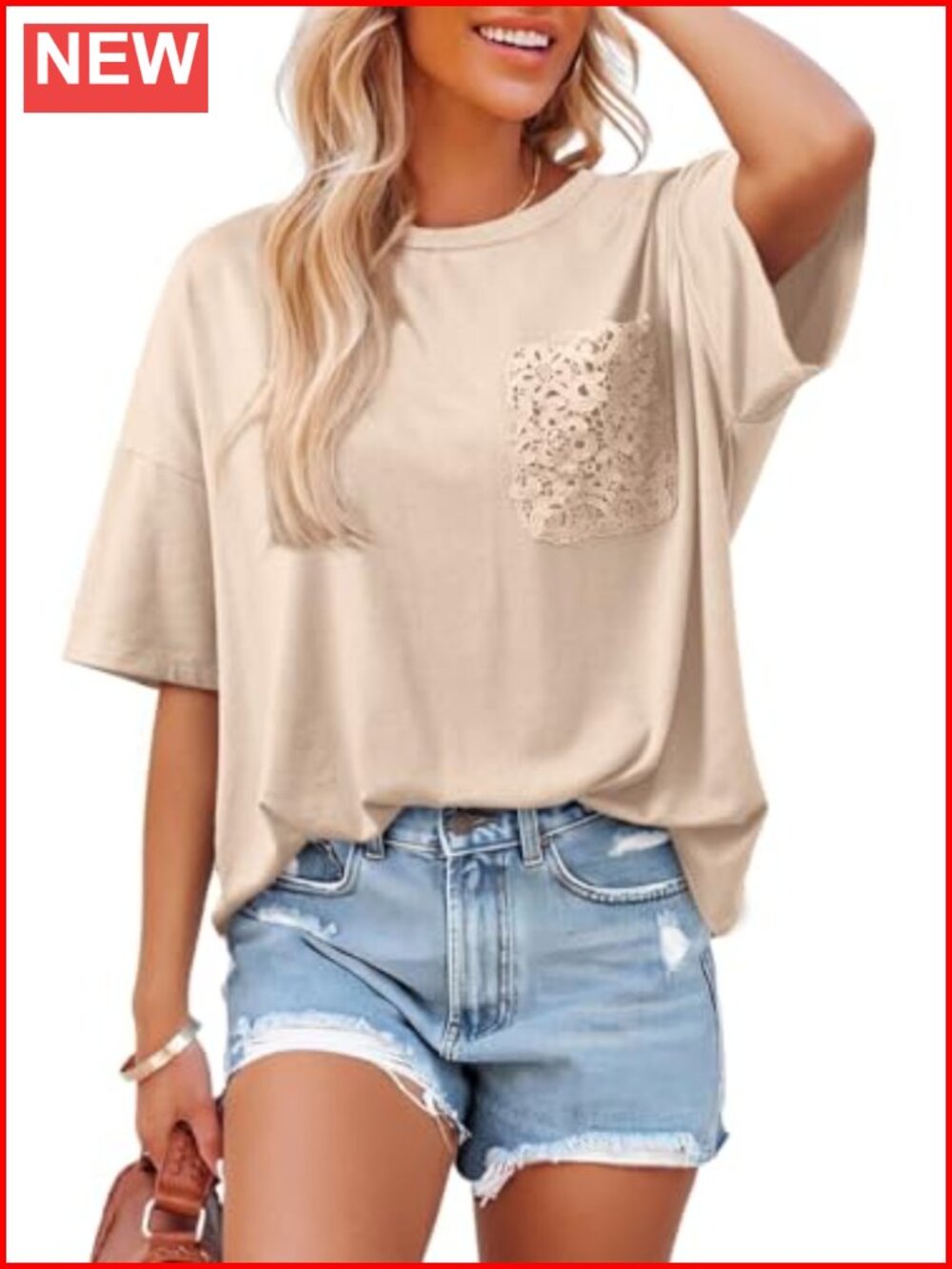 Womens Oversized T-Shirt with Lace Pocket Summer Casual Tee